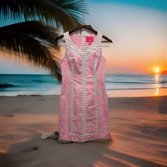 Lilly Pulitzer MacFarlane Flamingo Pink Shift Dress Seashell Sz 00 EUC - Picture 1 of 11